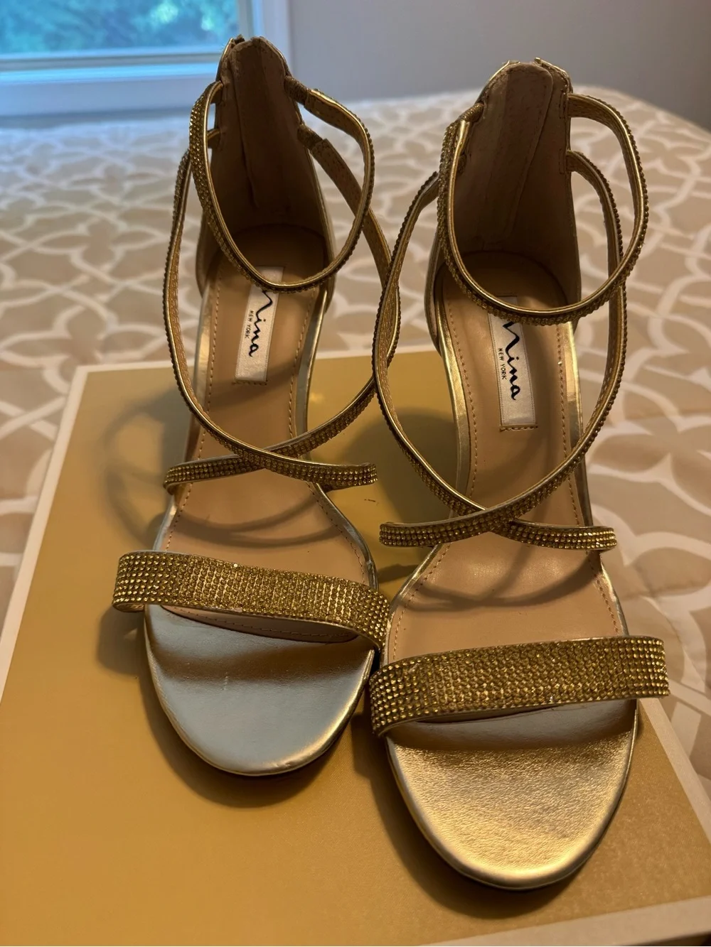 Nina Shoes Gold Rhinestone Strappy Dress Heels